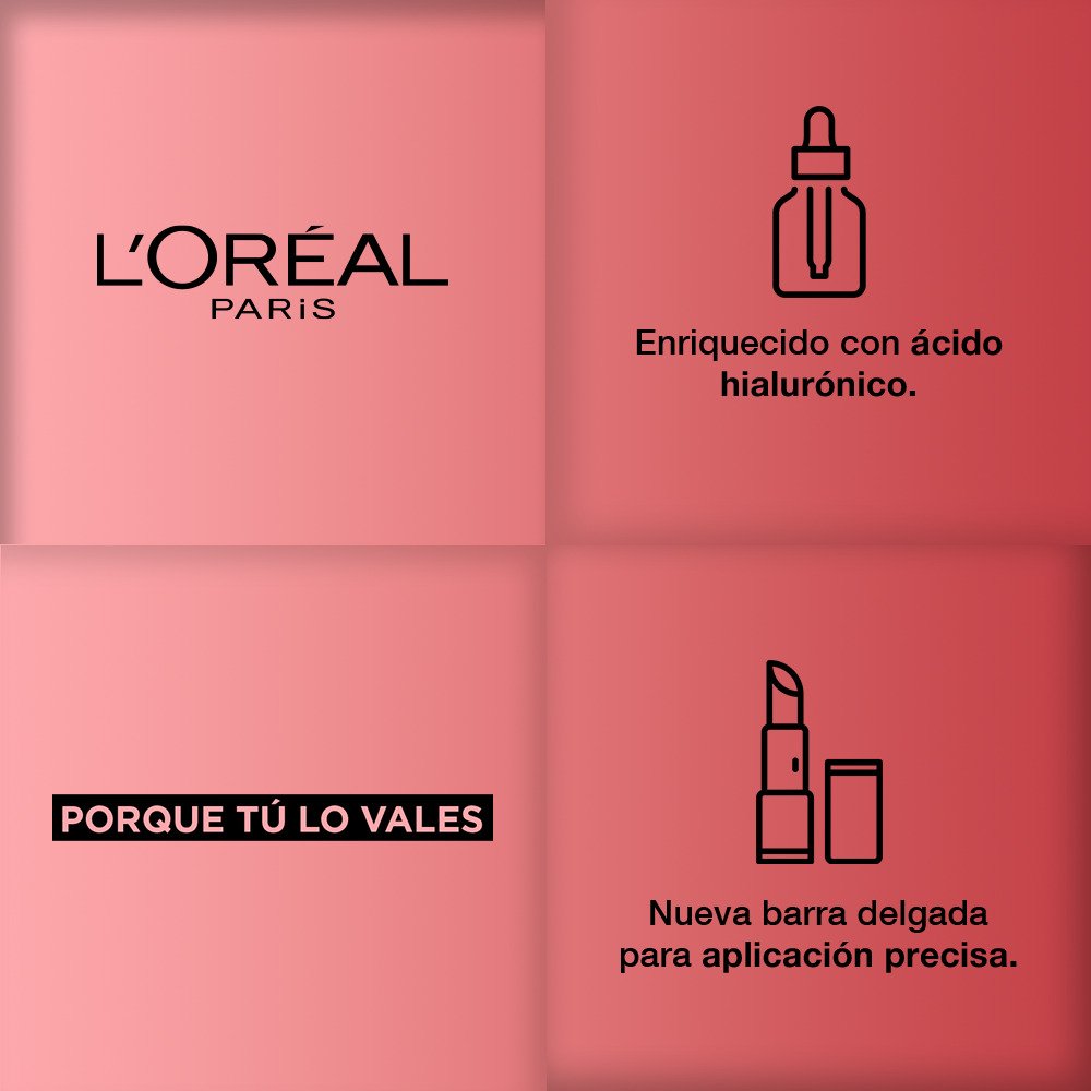 Logo L'Oréal Paris. Enriquecido con Ácido Hialurónico. Porque tú lo vales, nueva barra delgada para aplicación precisa Colombia.